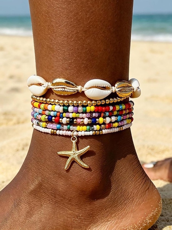 Anthropologie Jewelry - Anthropologie Gold and Multi Beaded Shell Anklet with Starfish Charm